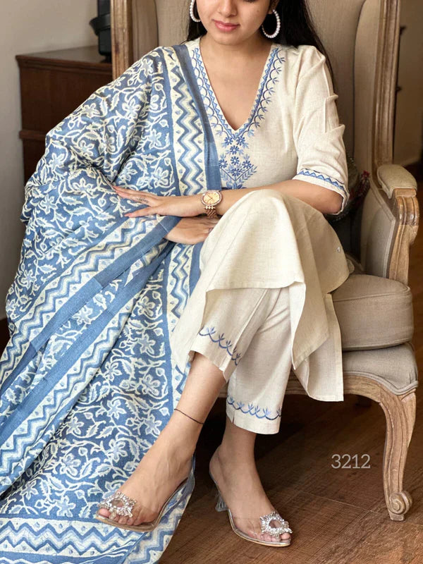 White Cotton Suit With Blue Embroidery And Printed Dupatta