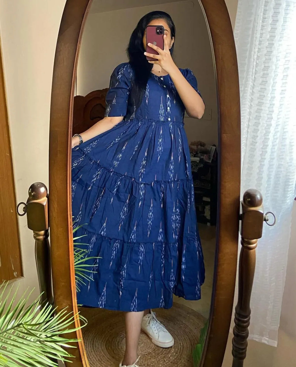 Blue Ikat Cotton Flair Middy Gown For Women