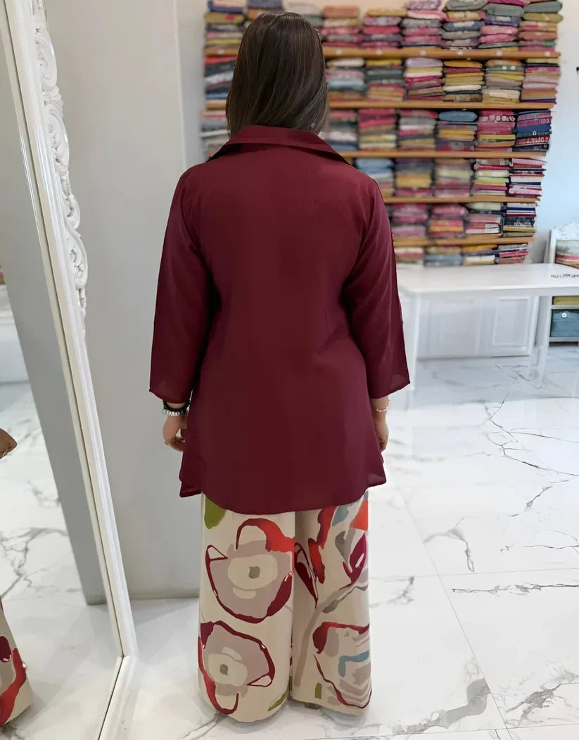 Maroon Button-Down Top with Abstract Printed Wide-Leg Pants – Stylish Casual Co-Ord Set