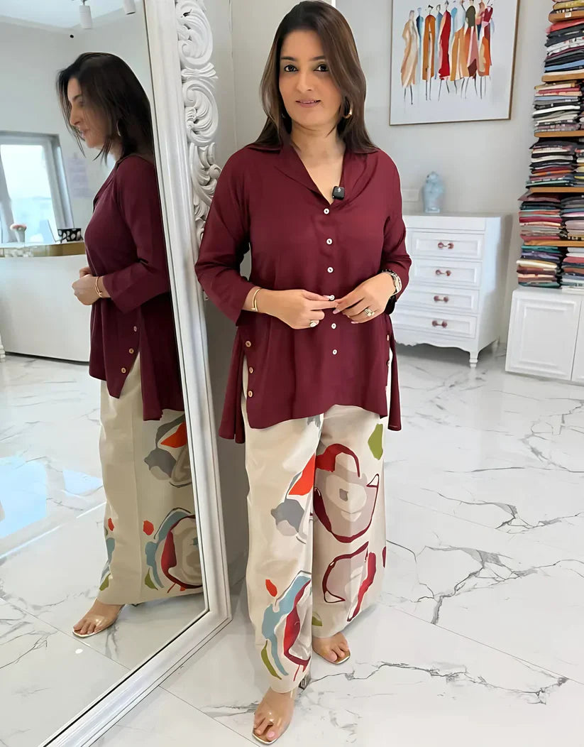Maroon Button-Down Top with Abstract Printed Wide-Leg Pants – Stylish Casual Co-Ord Set