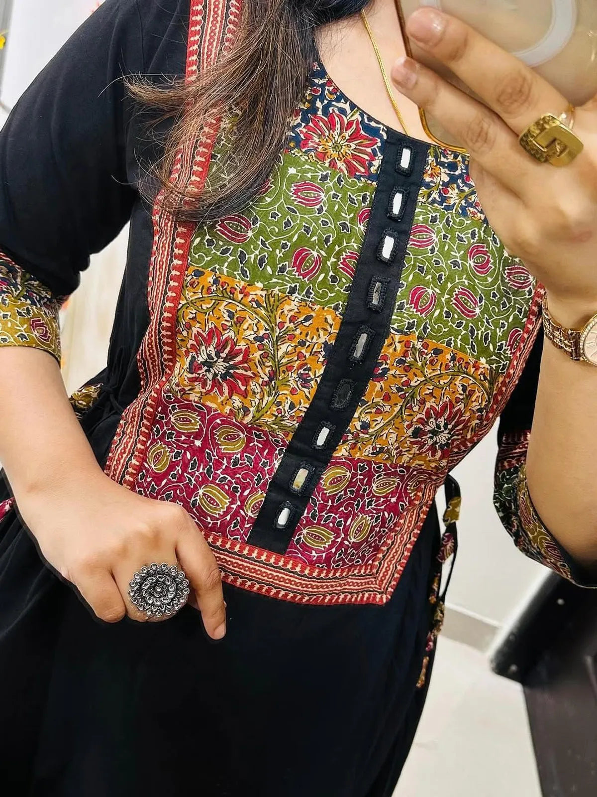 Women’s Black Cotton Anarkali Kurta with Embroidered Yoke