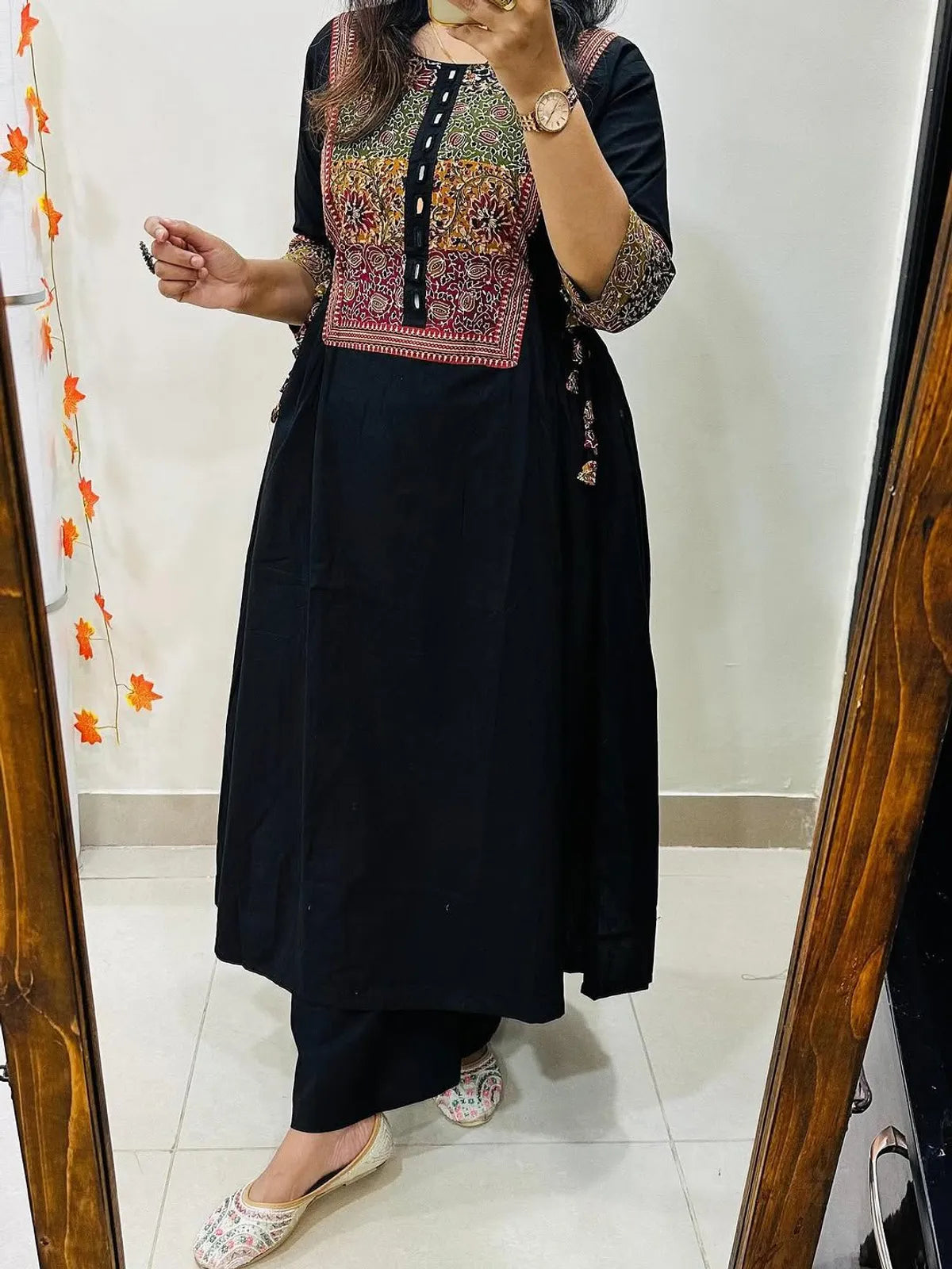 Women’s Black Cotton Anarkali Kurta with Embroidered Yoke