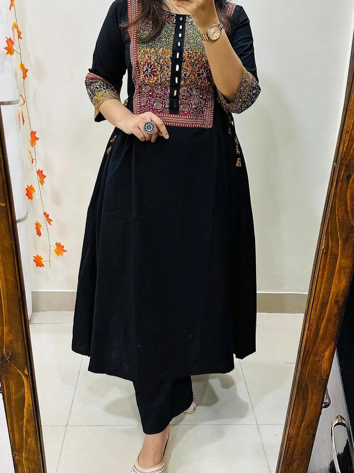 Women’s Black Cotton Anarkali Kurta with Embroidered Yoke