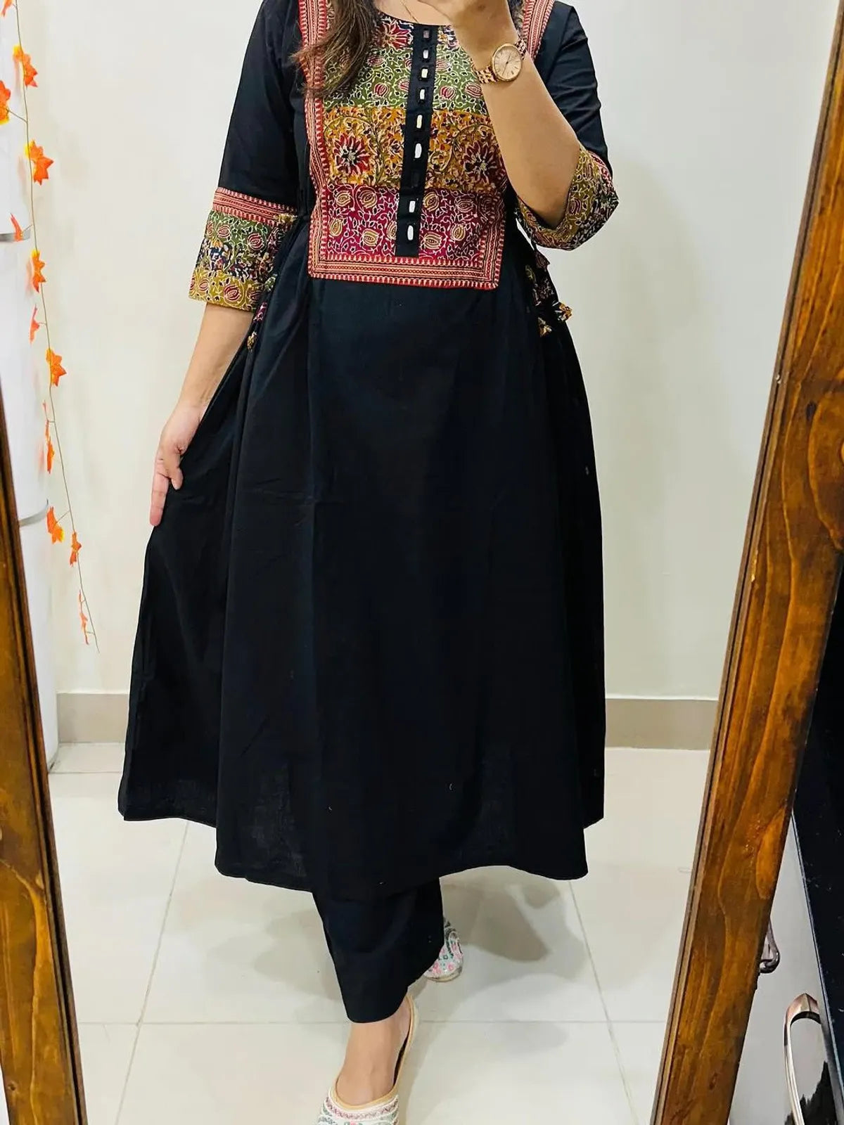 Women’s Black Cotton Anarkali Kurta with Embroidered Yoke