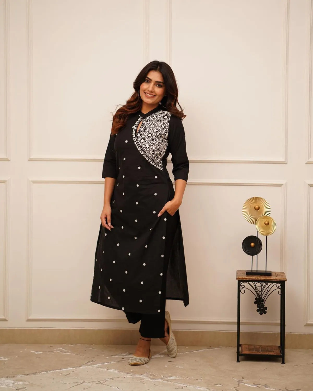 Black Embroidered Cotton Straight Kurta Set