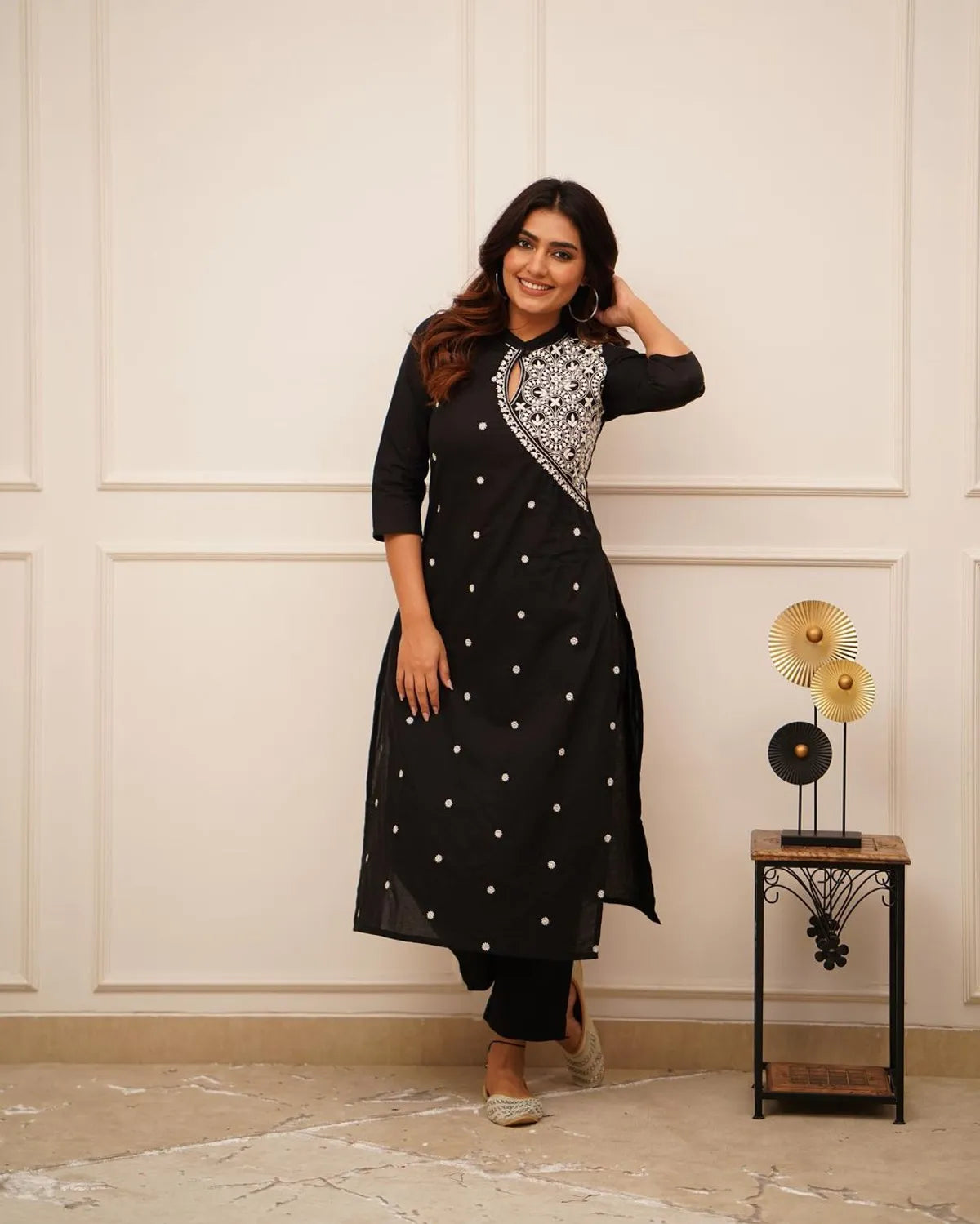 Black Embroidered Cotton Straight Kurta Set