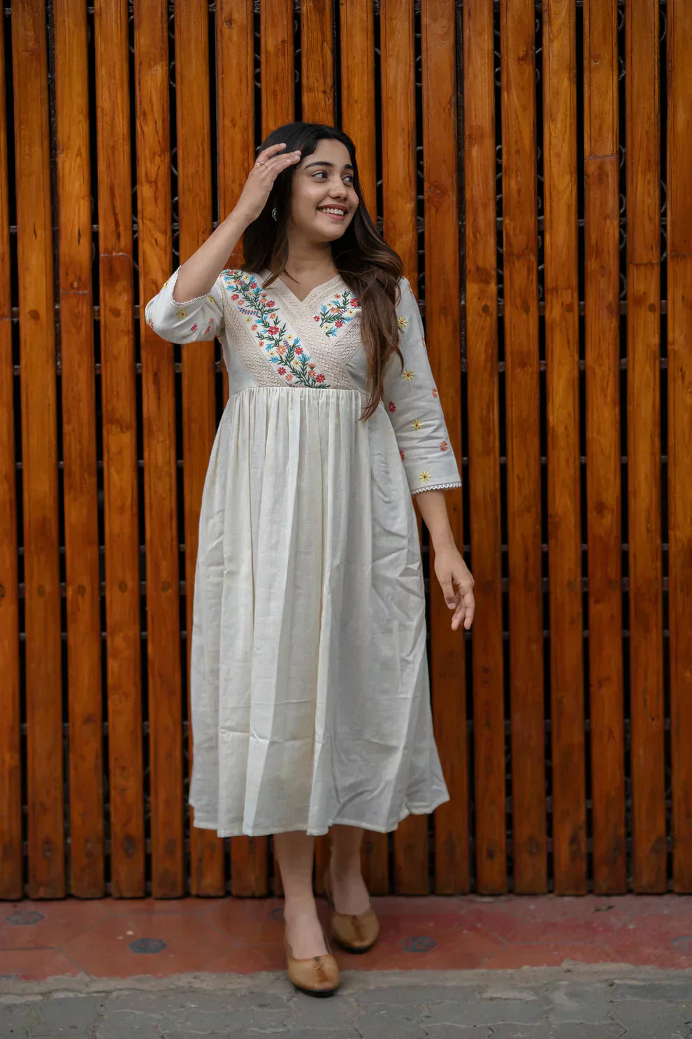 Off White Cotton Kurti/ Dress With Floral Embroidery And Crochet Lace Detailings
