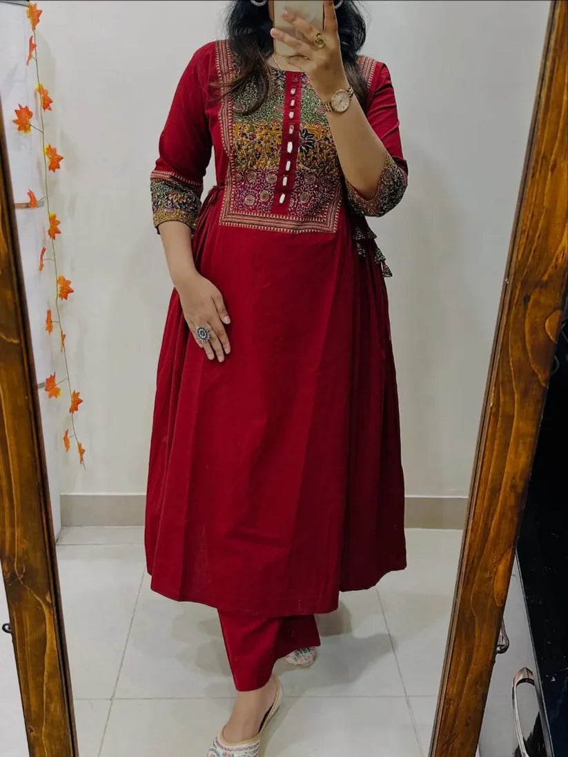 Women’s Maroon Cotton Anarkali Kurta with Embroidered Yoke