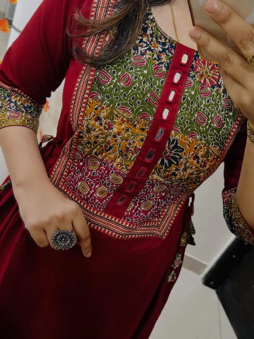 Women’s Maroon Cotton Anarkali Kurta with Embroidered Yoke