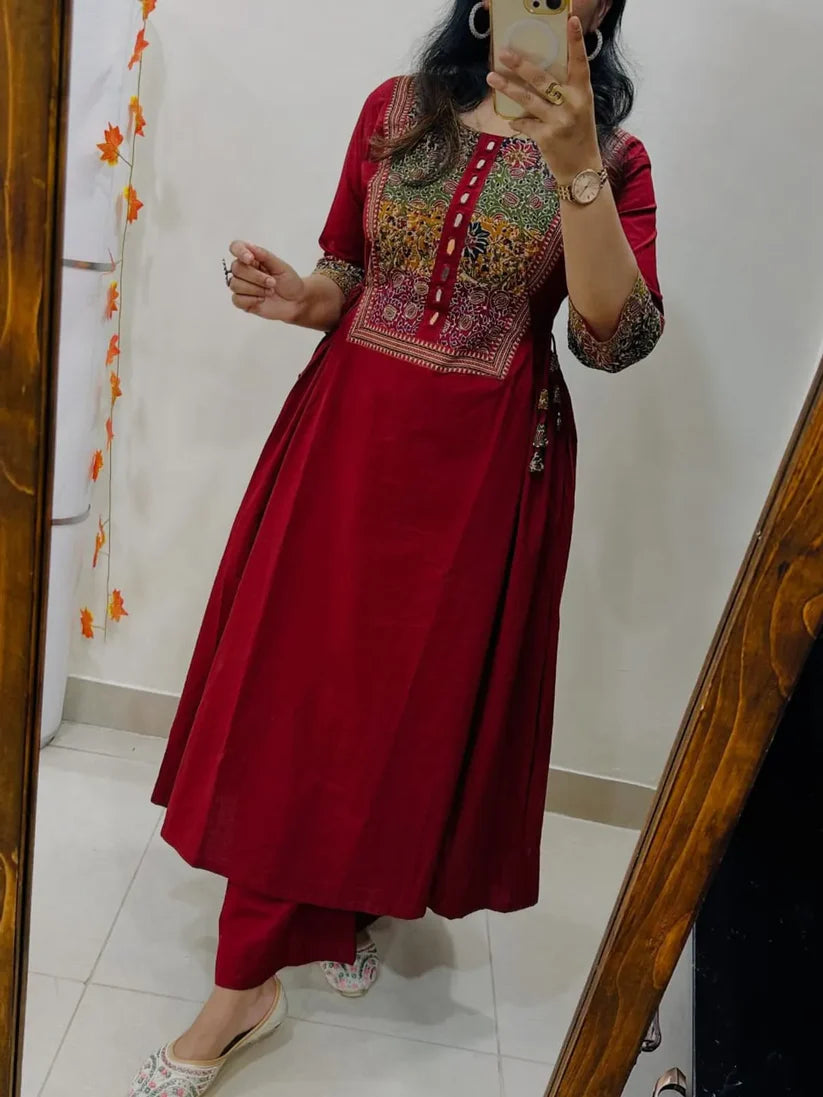 Women’s Maroon Cotton Anarkali Kurta with Embroidered Yoke