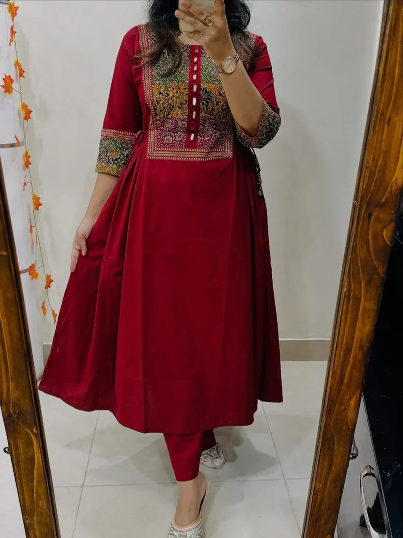 Women’s Maroon Cotton Anarkali Kurta with Embroidered Yoke