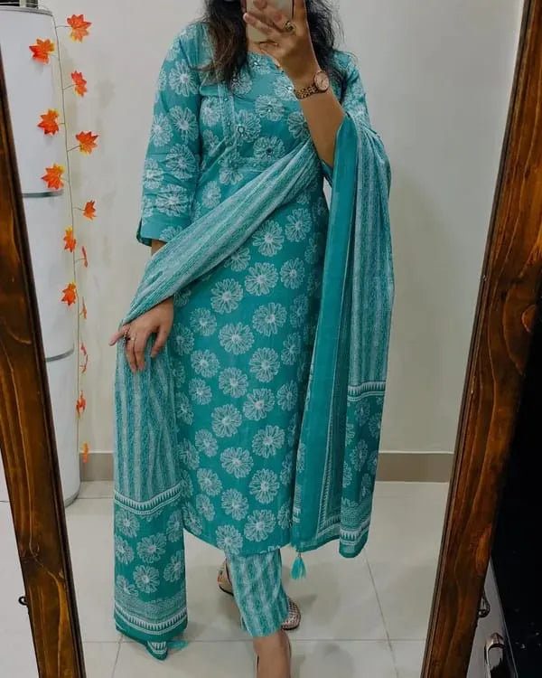 Aqua Blue Floral Cotton Suit Set With Printed Dupatta
