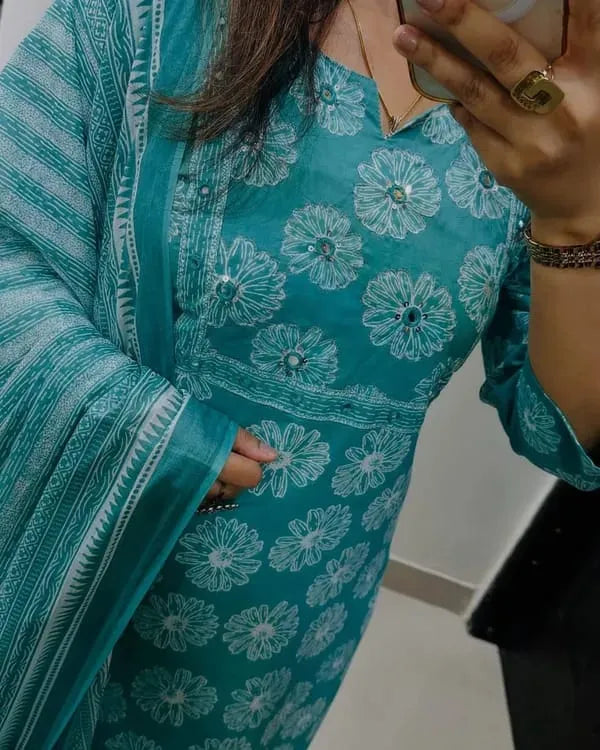 Aqua Blue Floral Cotton Suit Set With Printed Dupatta