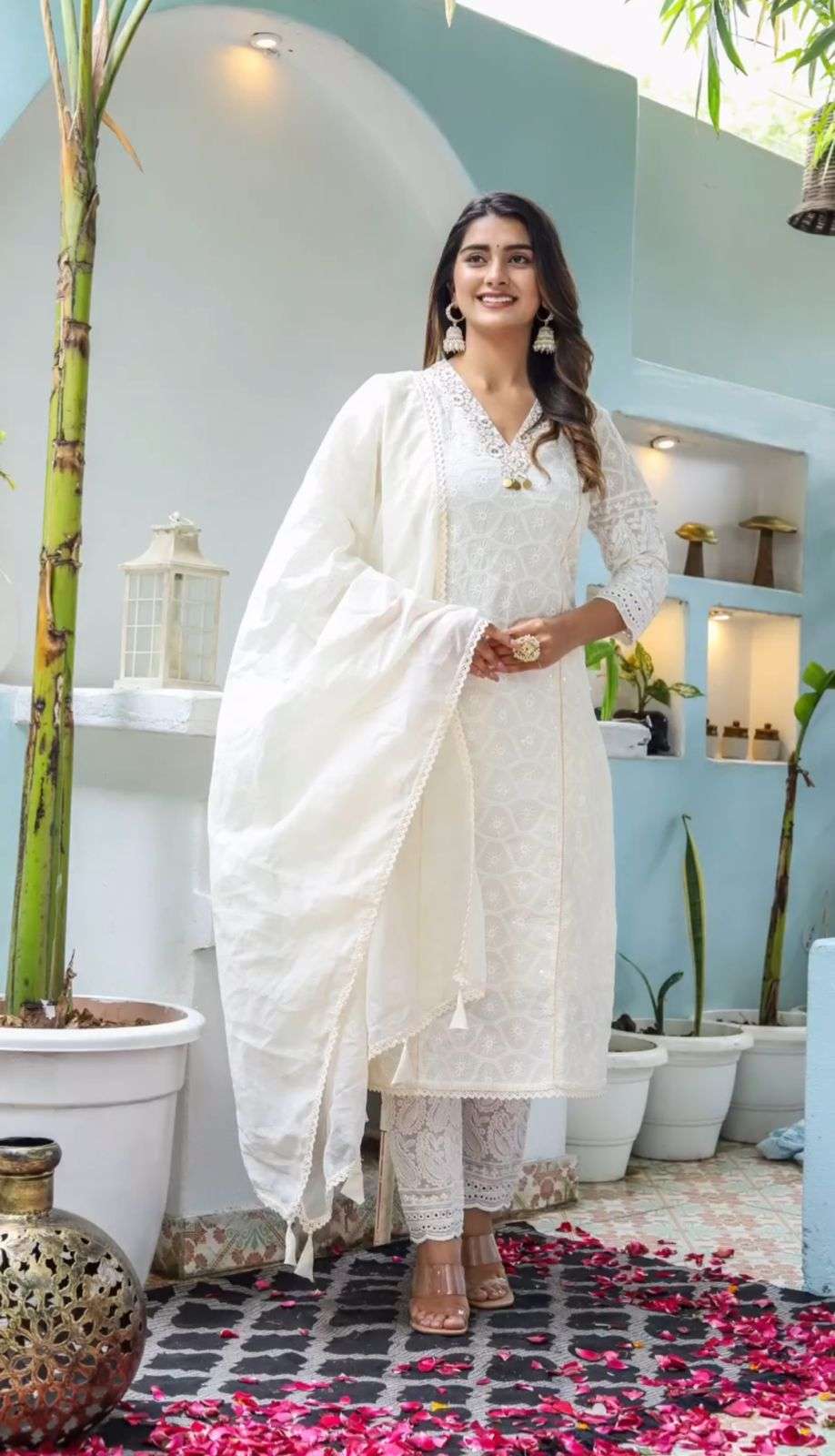 Chikankari Kurti Pant Set With Embroidered Lace And Chanderi Dupatta