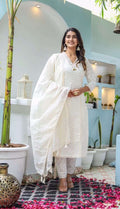 Chikankari Kurti Pant Set With Embroidered Lace And Chanderi Dupatta
