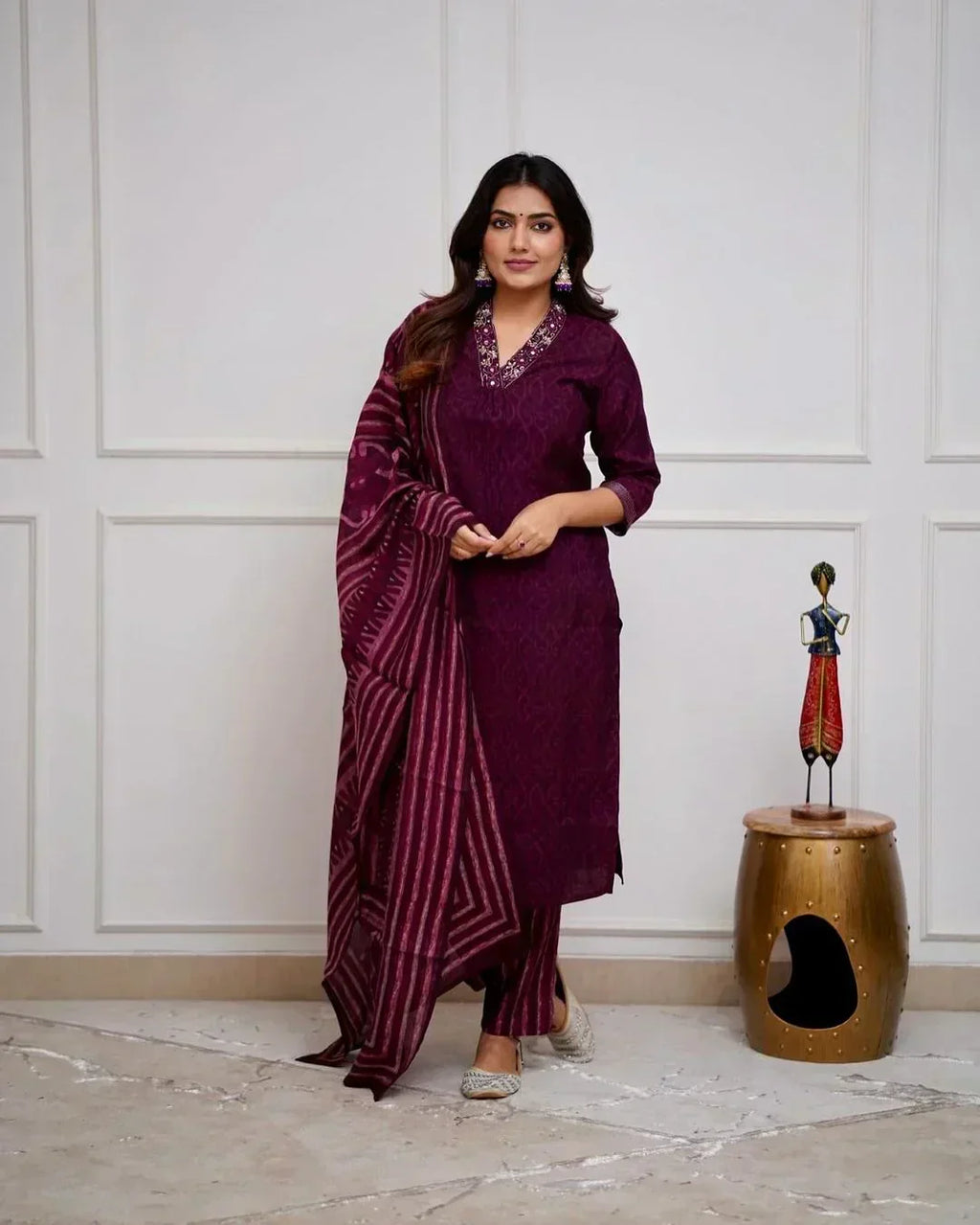 Wine Cotton Kurta With Pant & Dupatta Set For Women