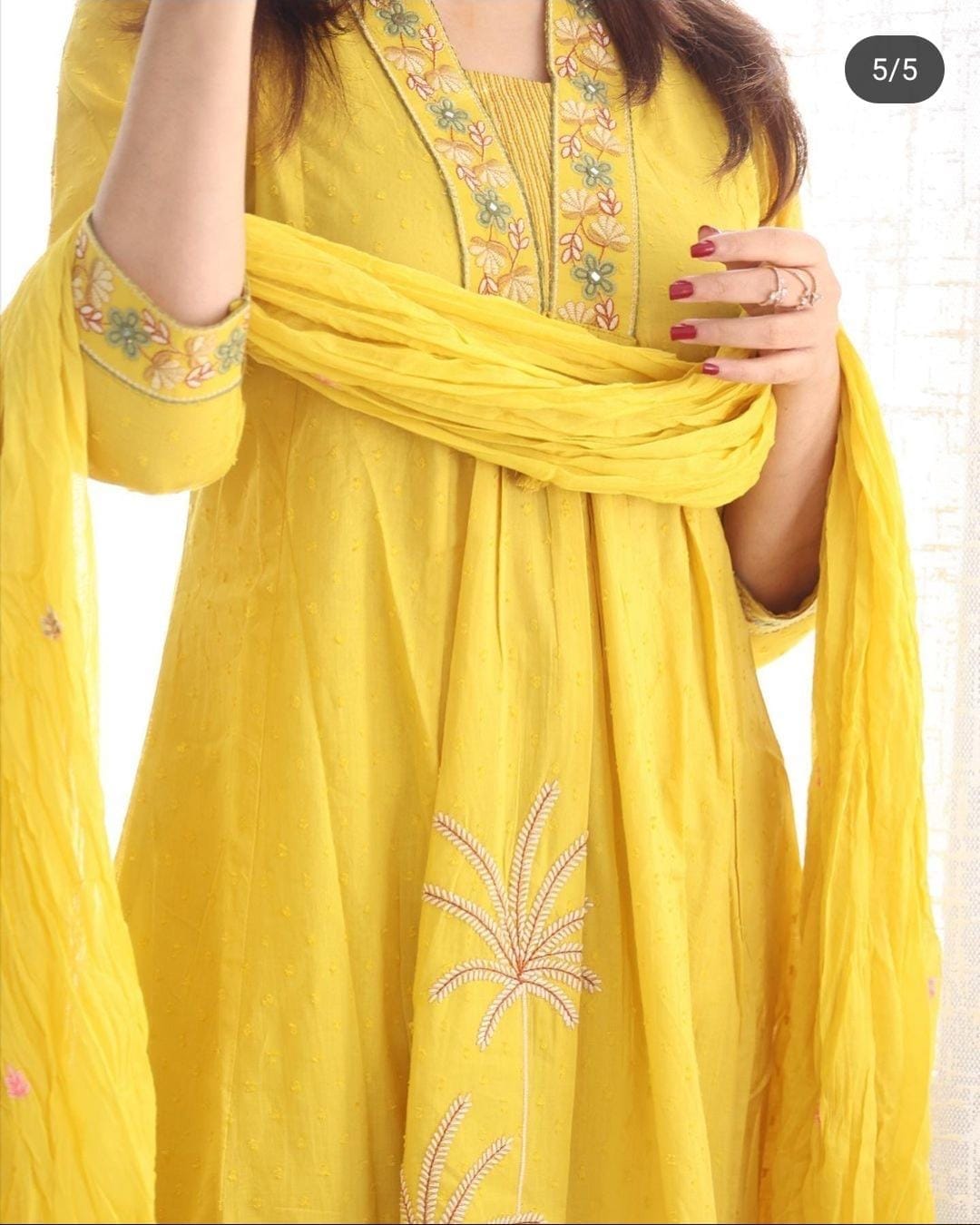Yellow Nri Embroidery Cotton Kurta Pant And Dupatta Set