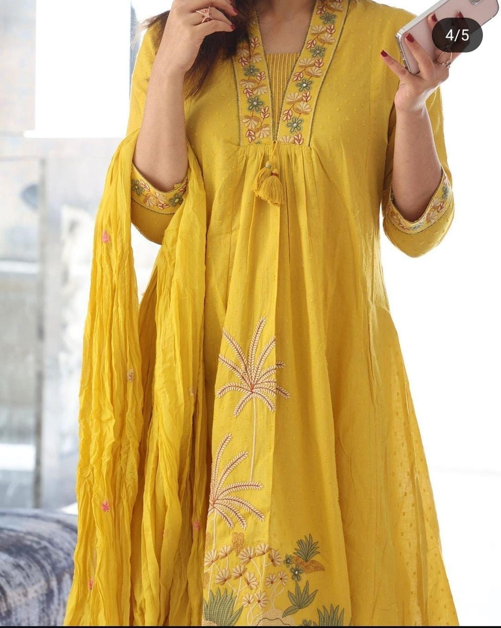 Yellow Nri Embroidery Cotton Kurta Pant And Dupatta Set
