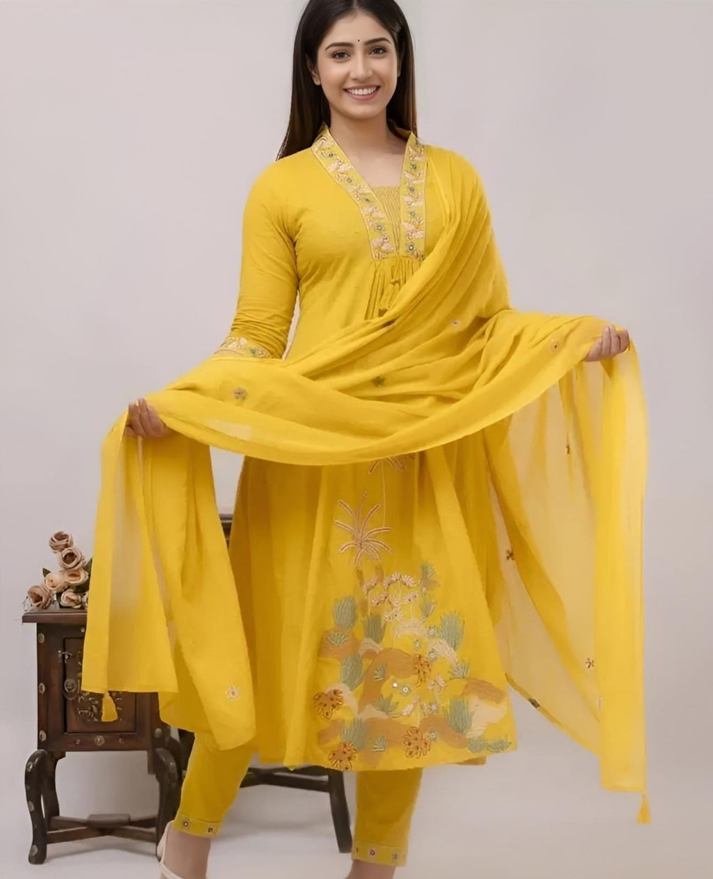 Yellow Nri Embroidery Cotton Kurta Pant And Dupatta Set