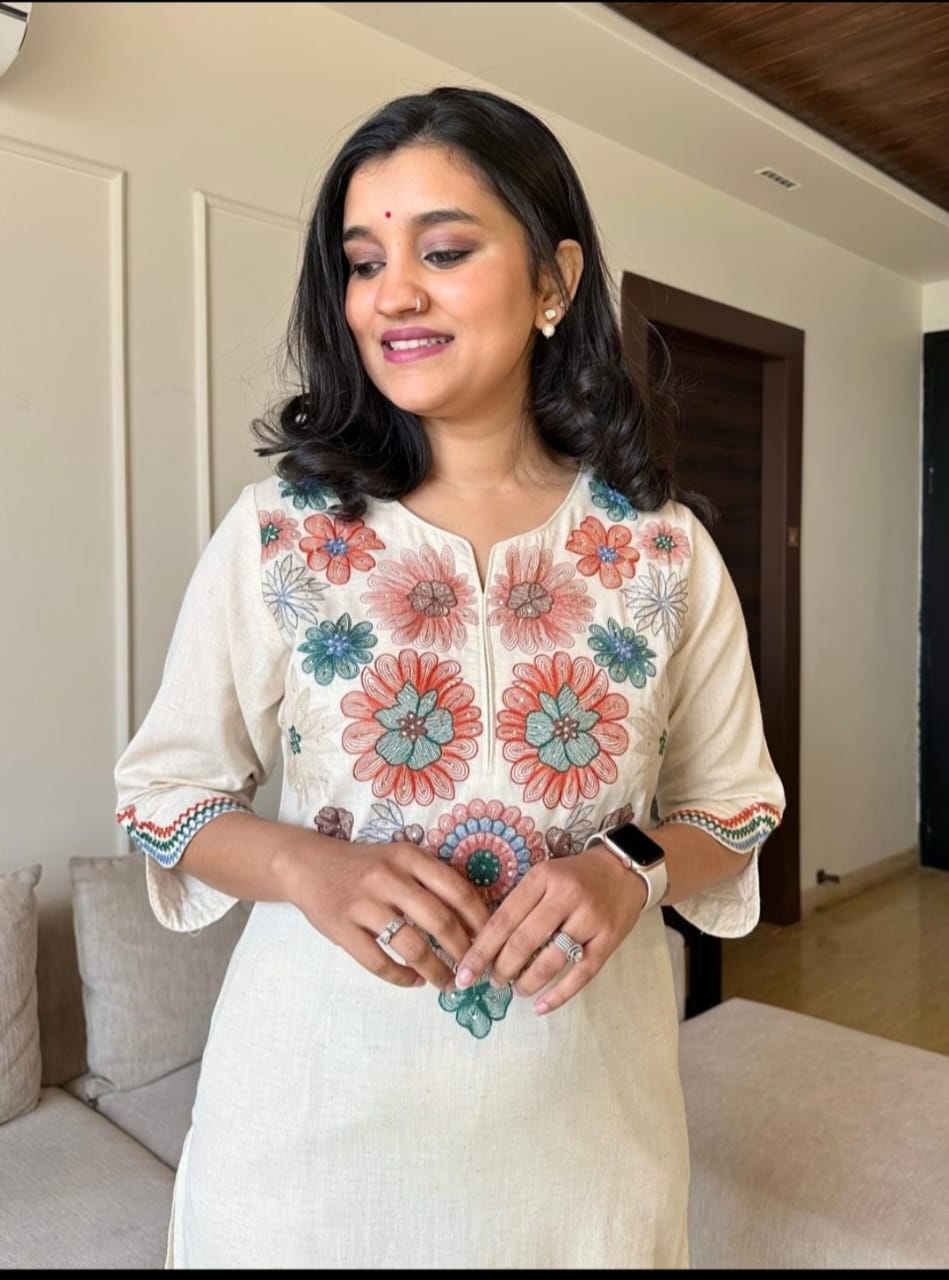 Off White Embroidered Cotton Flex Kurta And Pant Set