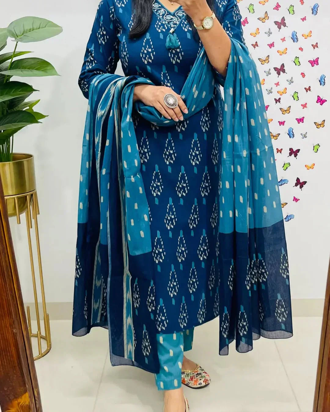 Ikkat Print With Kurti Pant & Dupatta Set For Women( Blue )