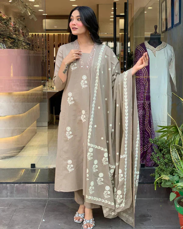 Elegant Taupe Floral Embroidered Cotton Suit Set