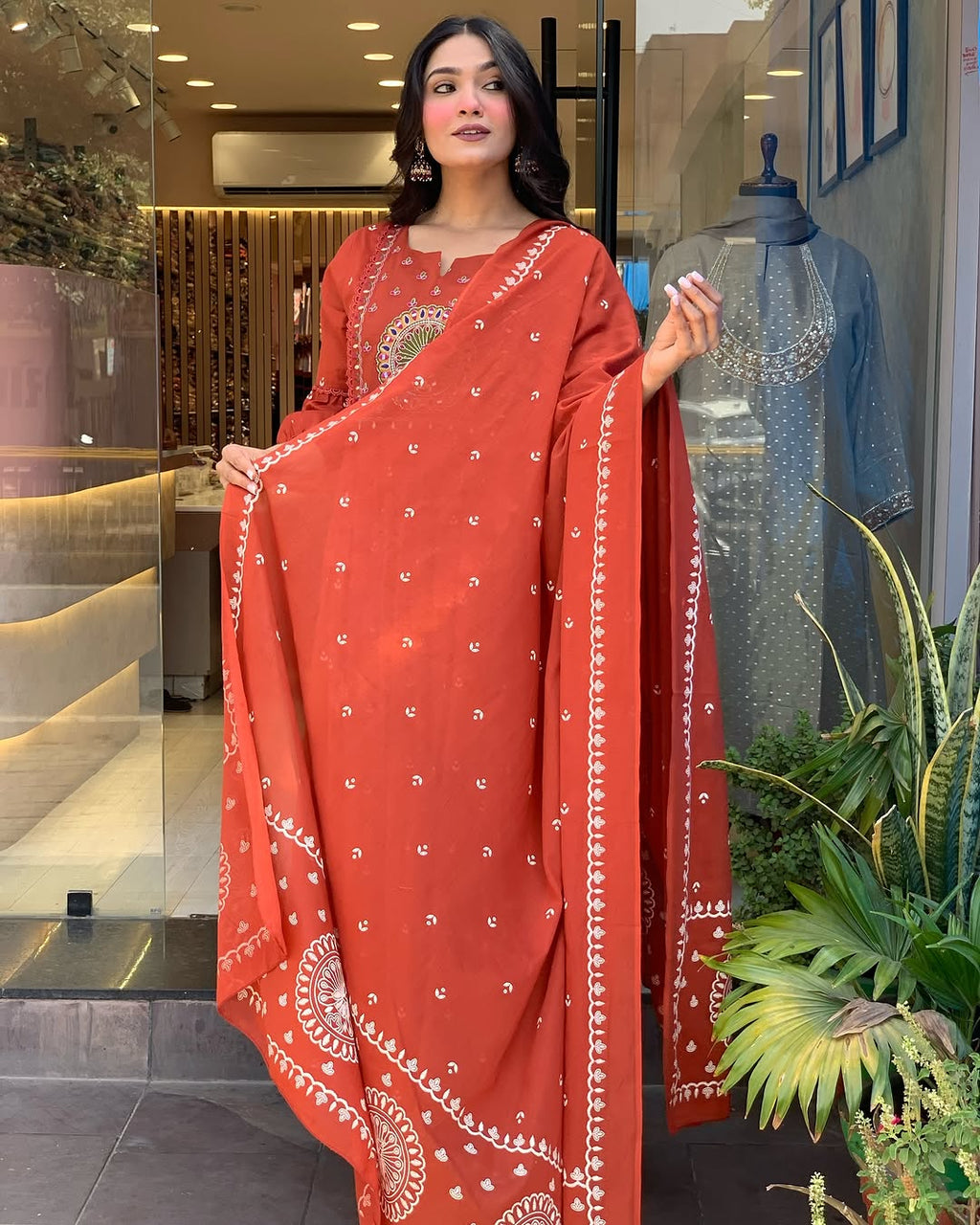 Vibrant Rust Anarkali Suit With Embroidered Dupatta