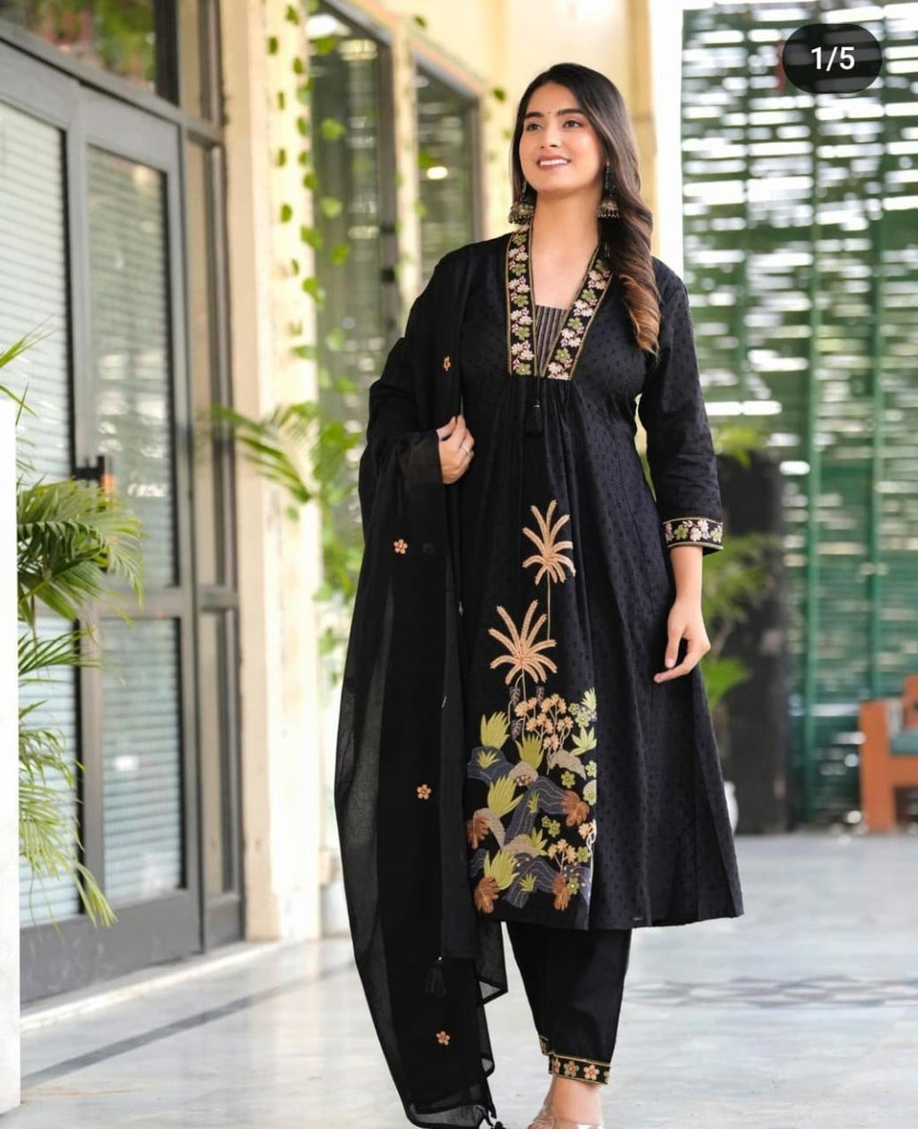 Women Black Nri Embroidery Cotton Kurta Pant And Dupatta Set