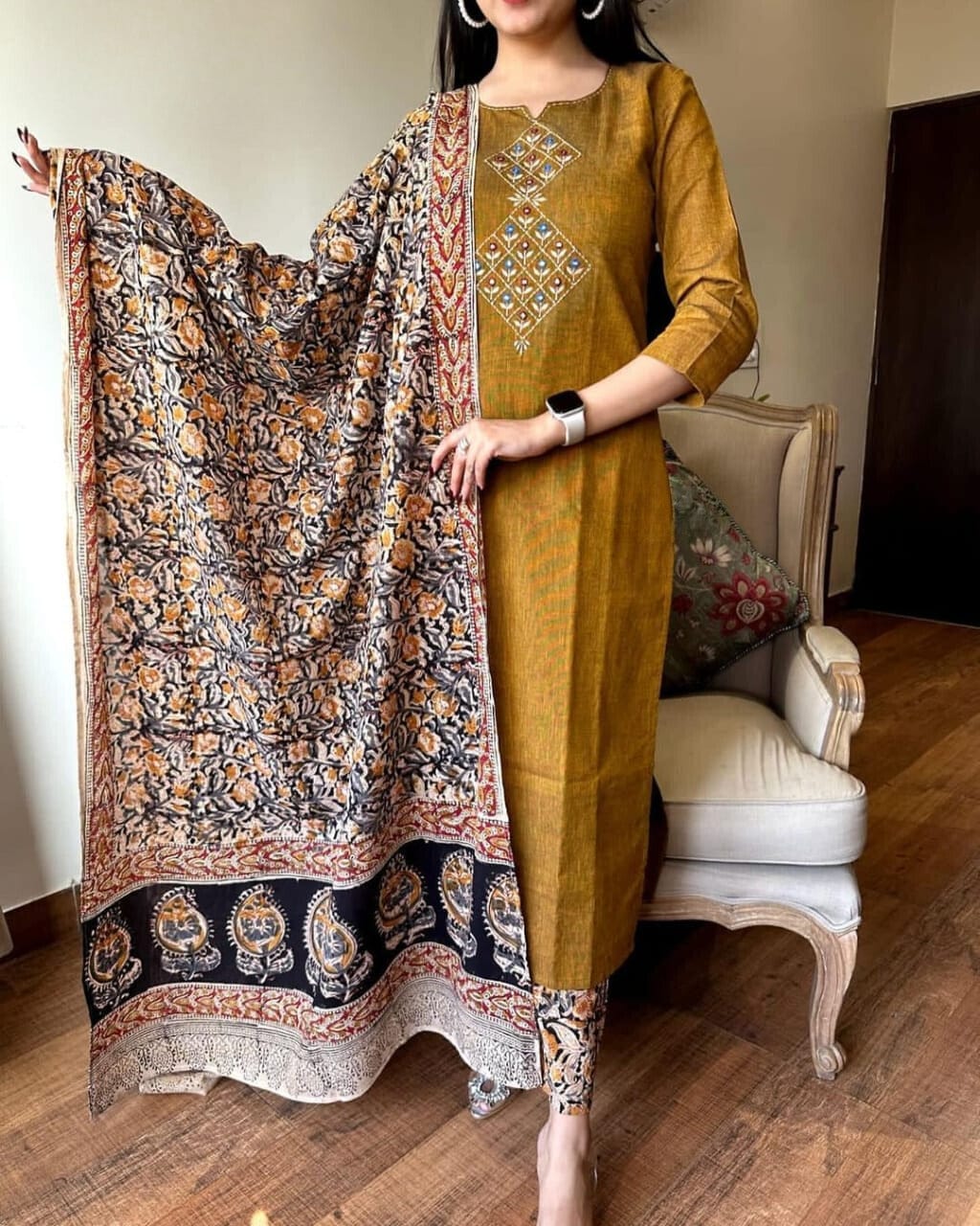 Mustard Brown Embroidered Kurta Set With Floral Dupatta