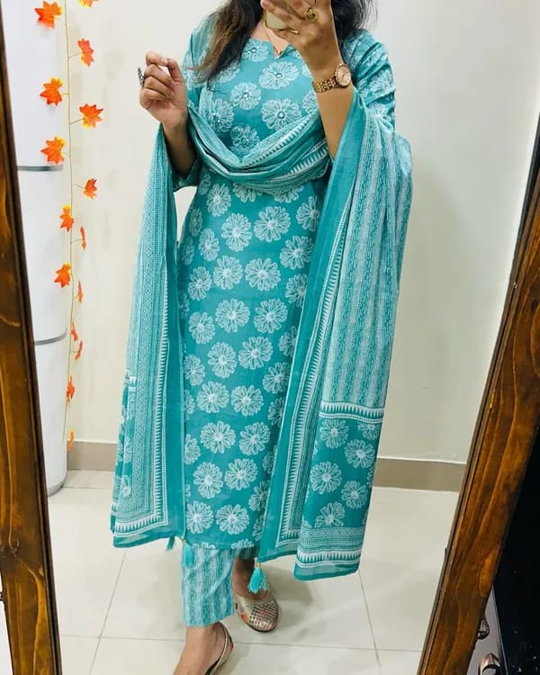 Turquoise Cotton Suit Set With Floral Prints