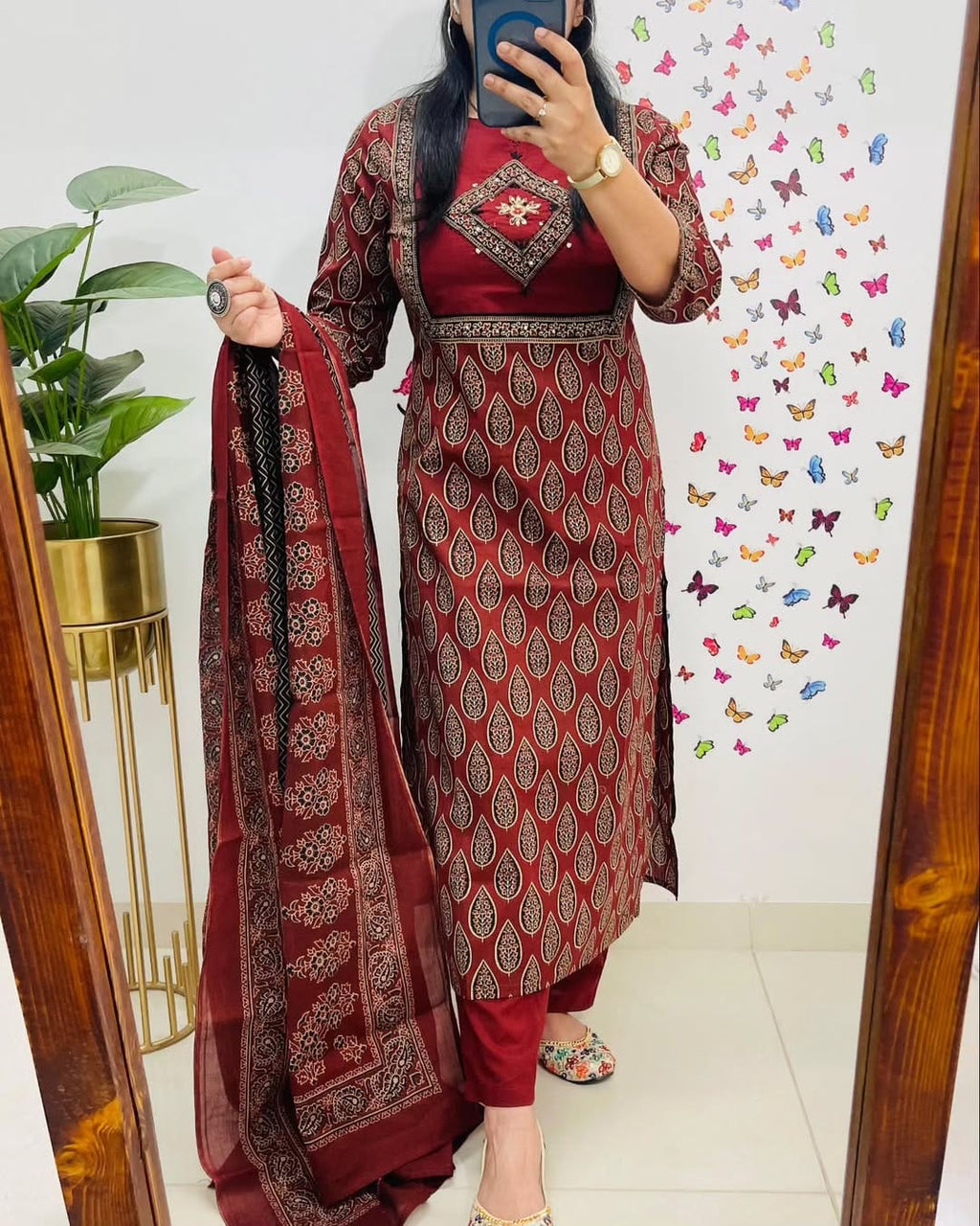 Elegant Maroon Block Print Cotton Suit Set
