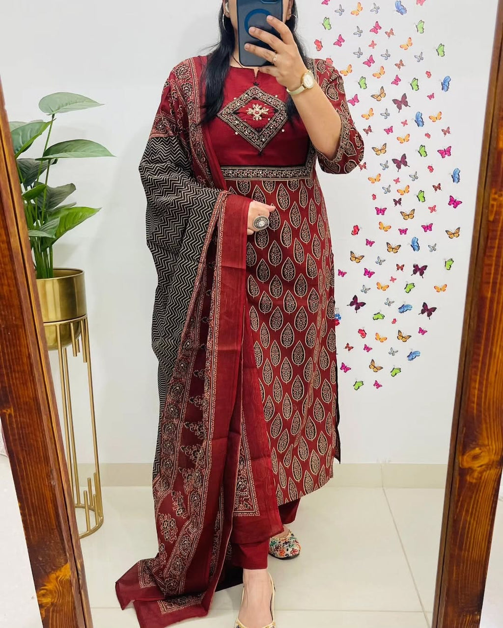 Elegant Maroon Block Print Cotton Suit Set