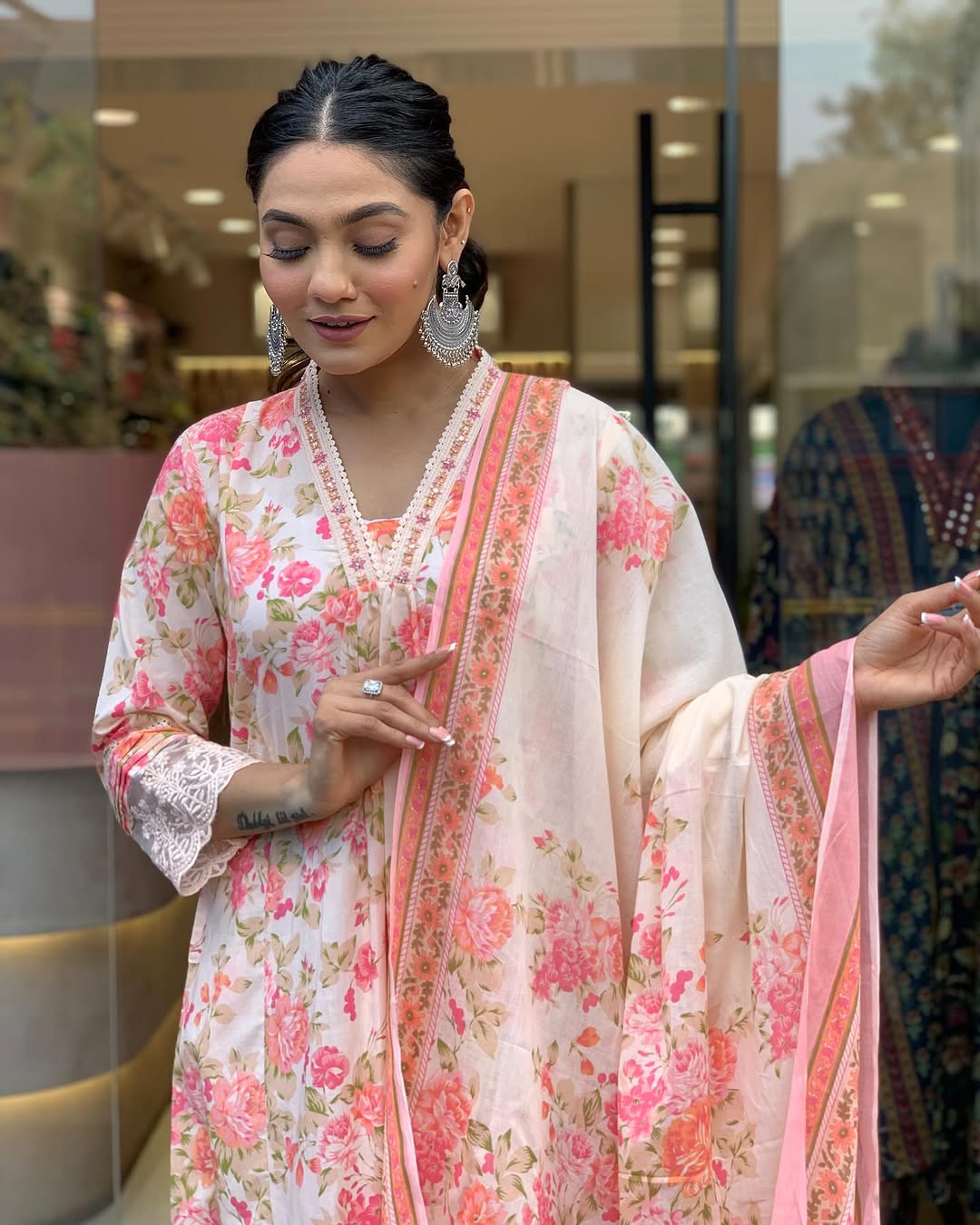 Classy Summer Collection Pure Cotton Mughal Butta Print Anarkali Kurti Paired With Cotton Pants