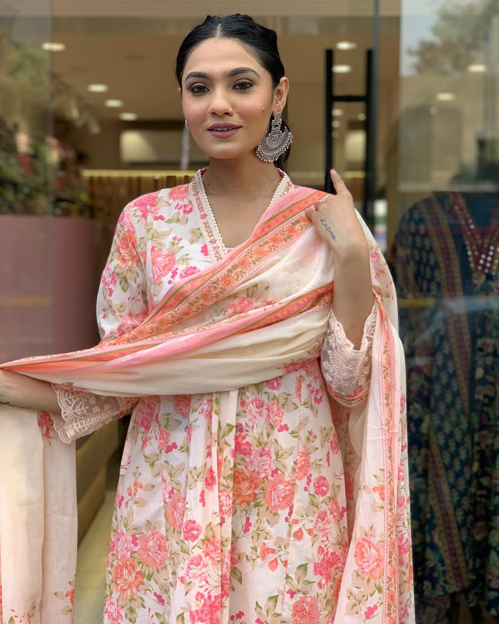 Classy Summer Collection Pure Cotton Mughal Butta Print Anarkali Kurti Paired With Cotton Pants