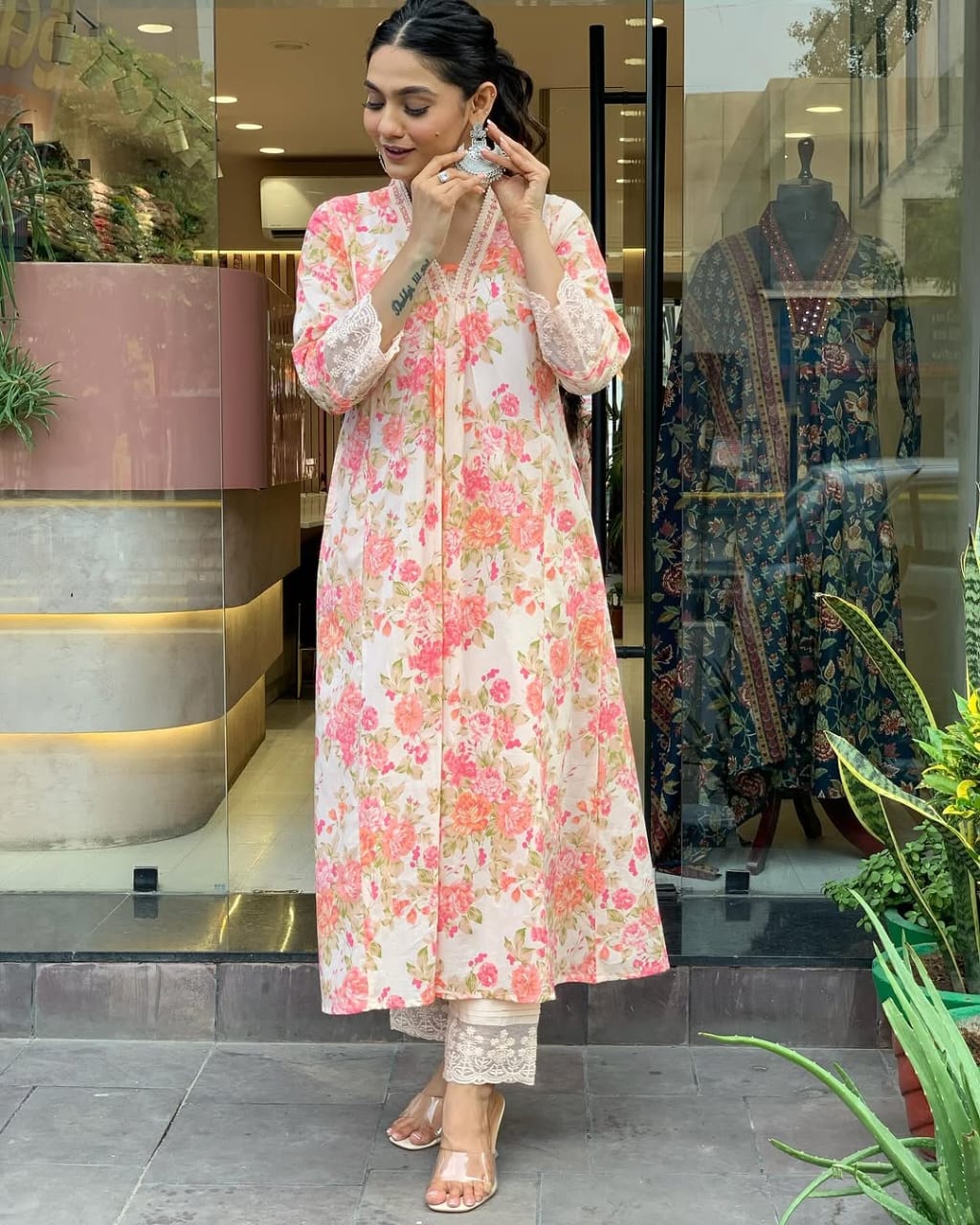 Classy Summer Collection Pure Cotton Mughal Butta Print Anarkali Kurti Paired With Cotton Pants