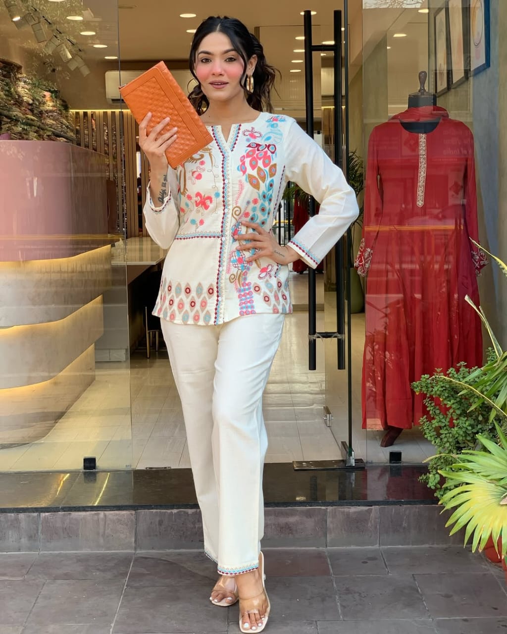 Unique Floral Embroidered Cotton White Co-Ord Set For Women