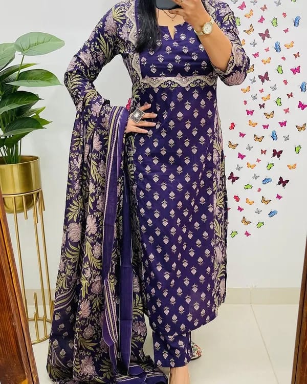 Cotton Kurti With Handcrafted Adda Anchor Patra Work On Yoke Paired With Cotton Pant And Fine Malmal Cotton Dupatta Less