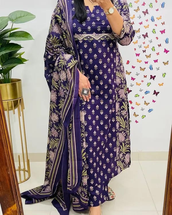 Cotton Kurti With Handcrafted Adda Anchor Patra Work On Yoke Paired With Cotton Pant And Fine Malmal Cotton Dupatta Less