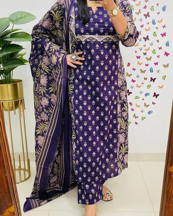 Cotton Kurti With Handcrafted Adda Anchor Patra Work On Yoke Paired With Cotton Pant And Fine Malmal Cotton Dupatta Less