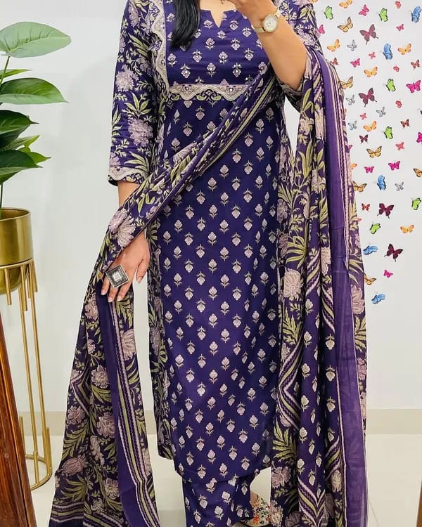 Cotton Kurti With Handcrafted Adda Anchor Patra Work On Yoke Paired With Cotton Pant And Fine Malmal Cotton Dupatta Less