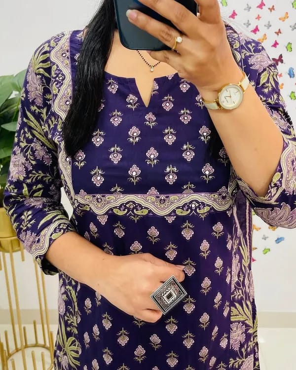 Cotton Kurti With Handcrafted Adda Anchor Patra Work On Yoke Paired With Cotton Pant And Fine Malmal Cotton Dupatta Less