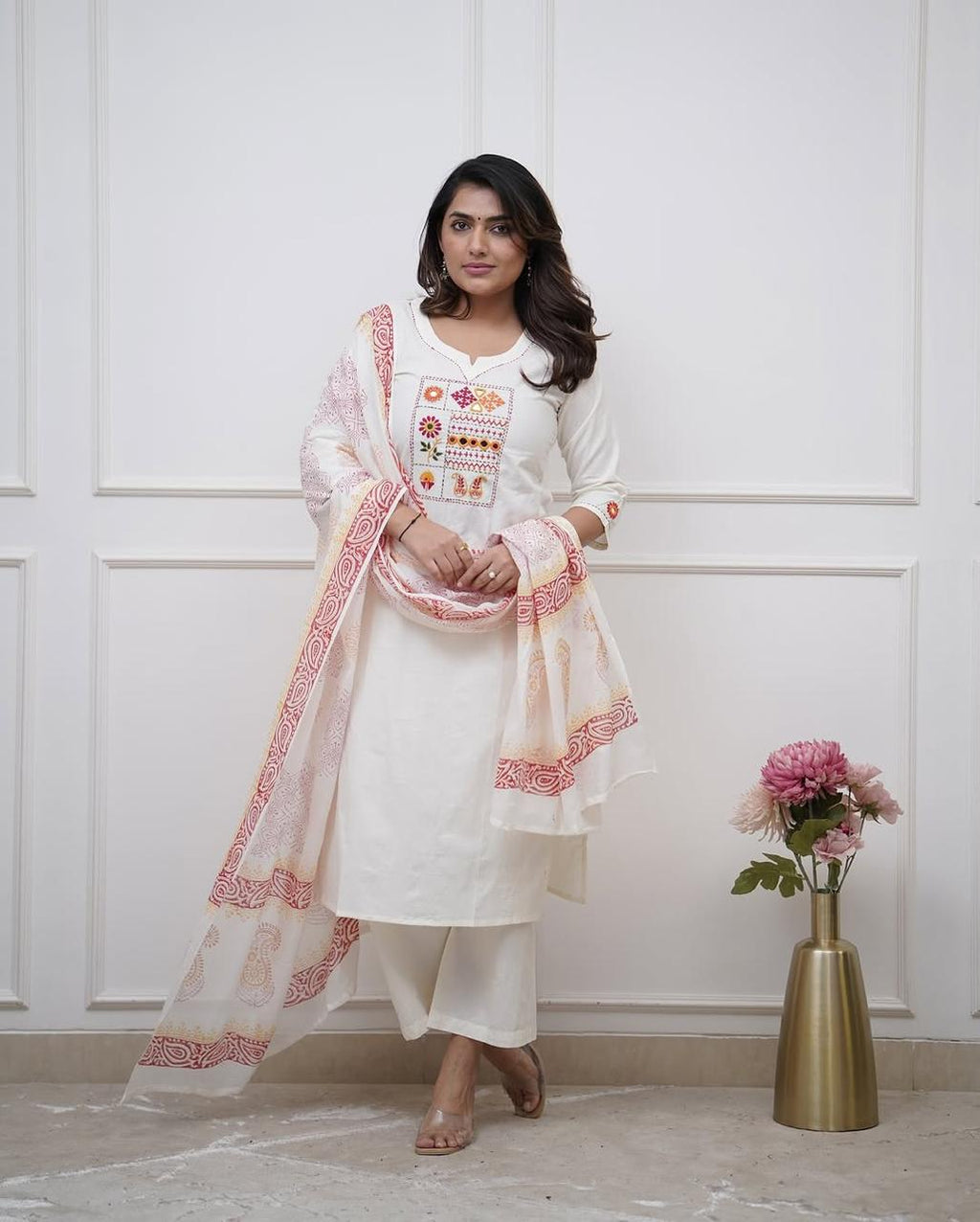 White Embroidered Aline Kurta Bottom Set With Dupatta