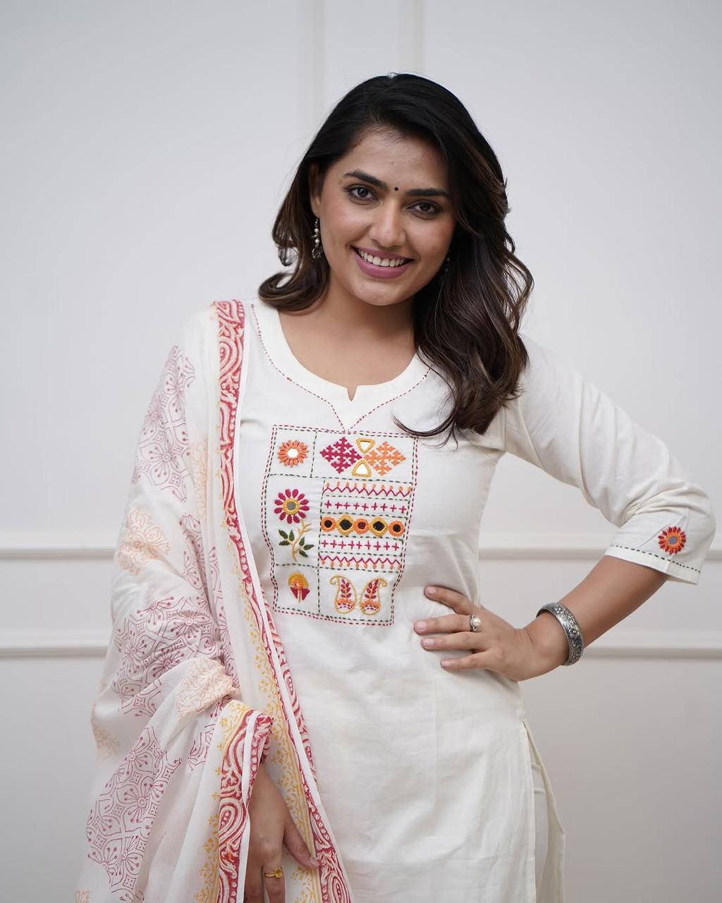 White Embroidered Aline Kurta Bottom Set With Dupatta