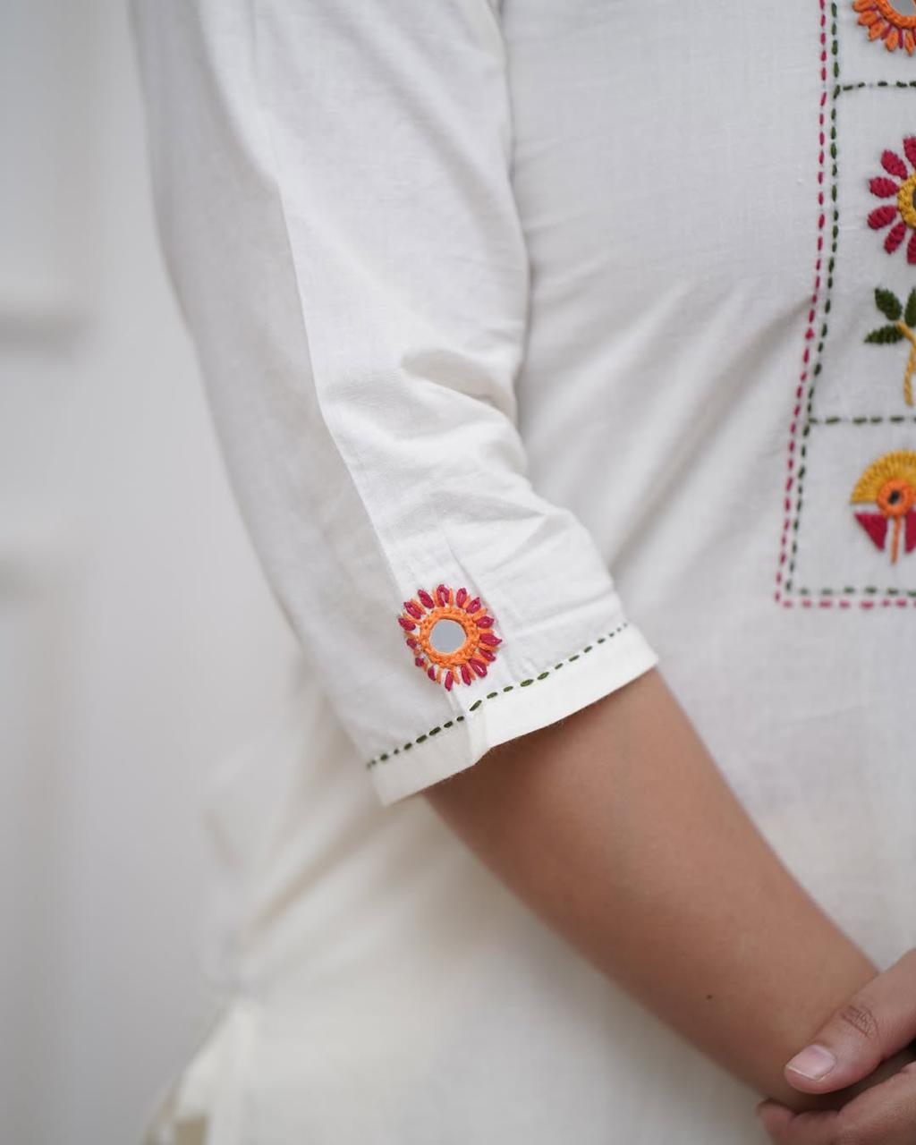 White Embroidered Aline Kurta Bottom Set With Dupatta