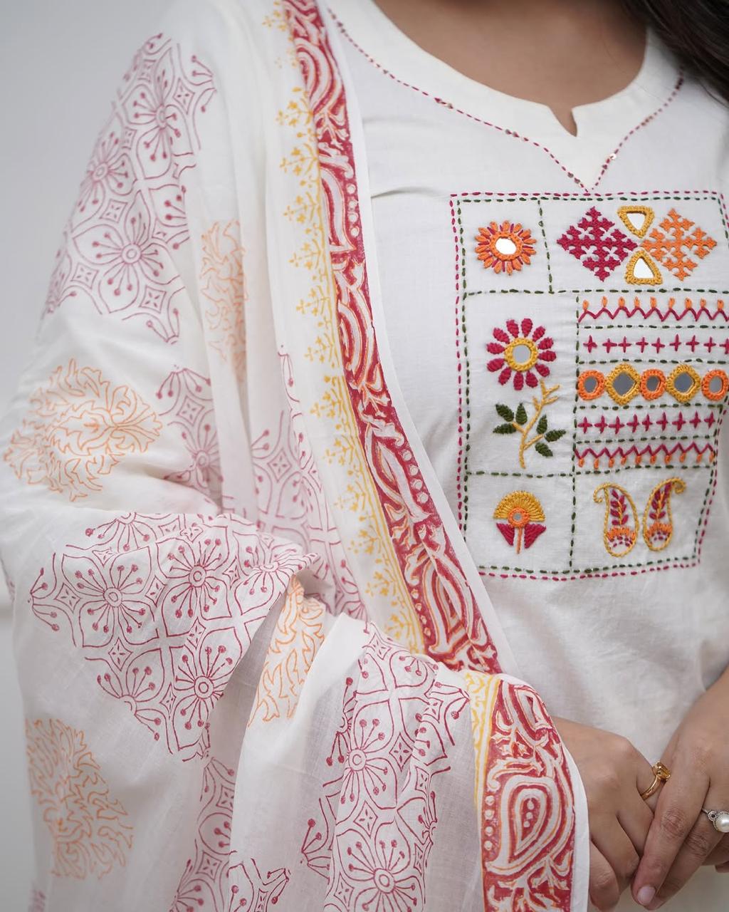 White Embroidered Aline Kurta Bottom Set With Dupatta