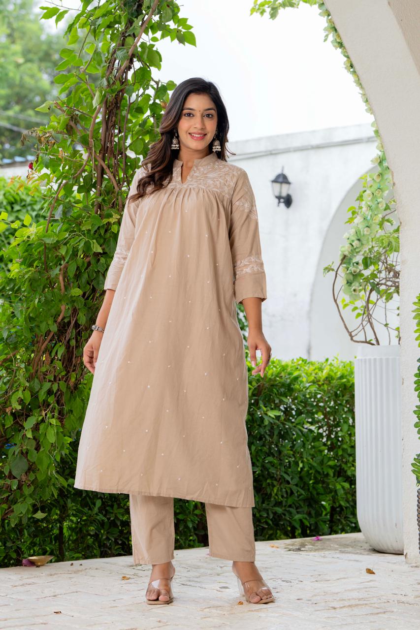Beige Silk Blend Solid Embroidered Flared Suit Set