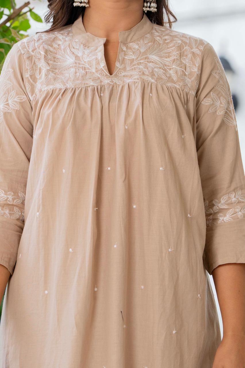 Beige Silk Blend Solid Embroidered Flared Suit Set