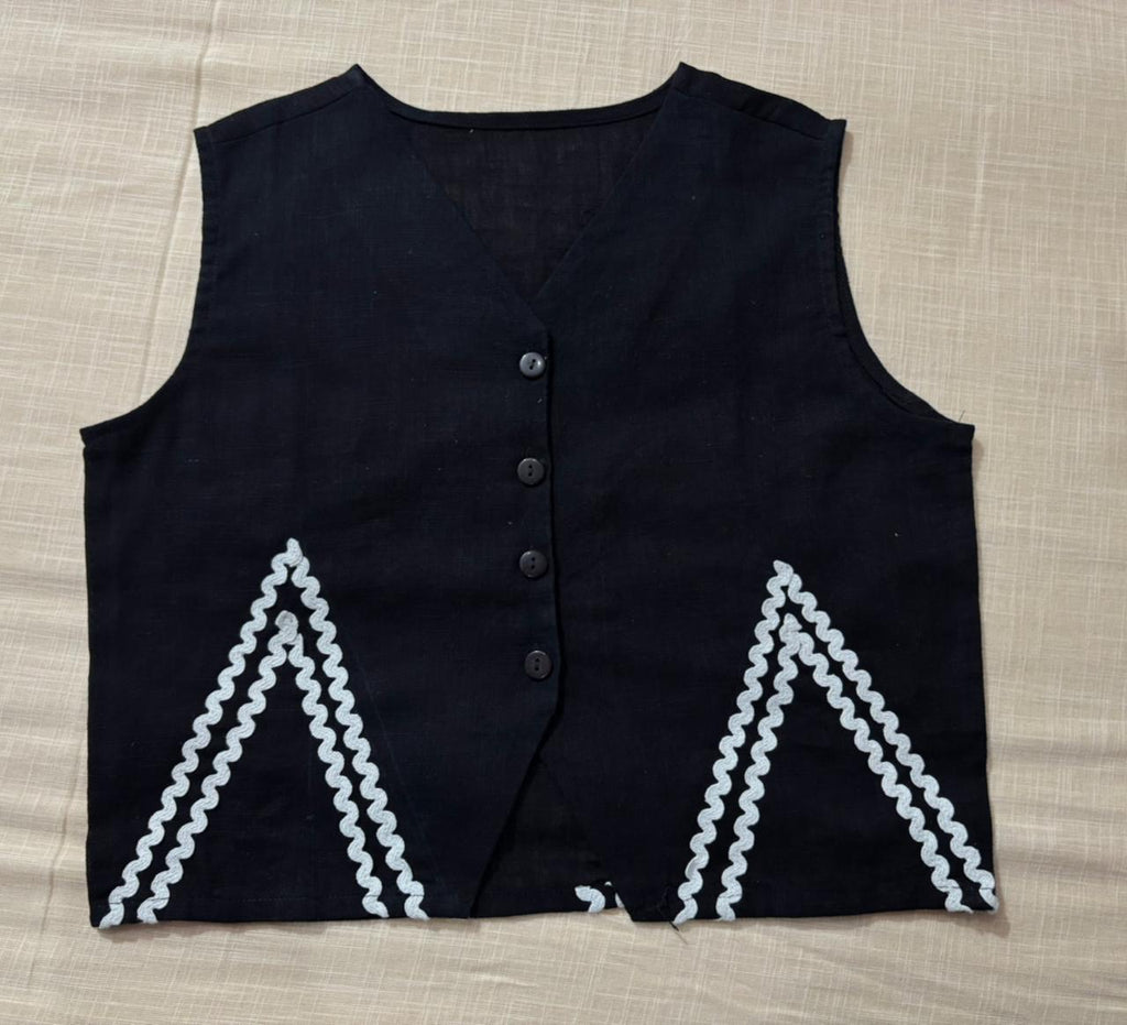 Black Indo Western Waist Coat With White Zigzag Lace Trousers Co-Ords Set