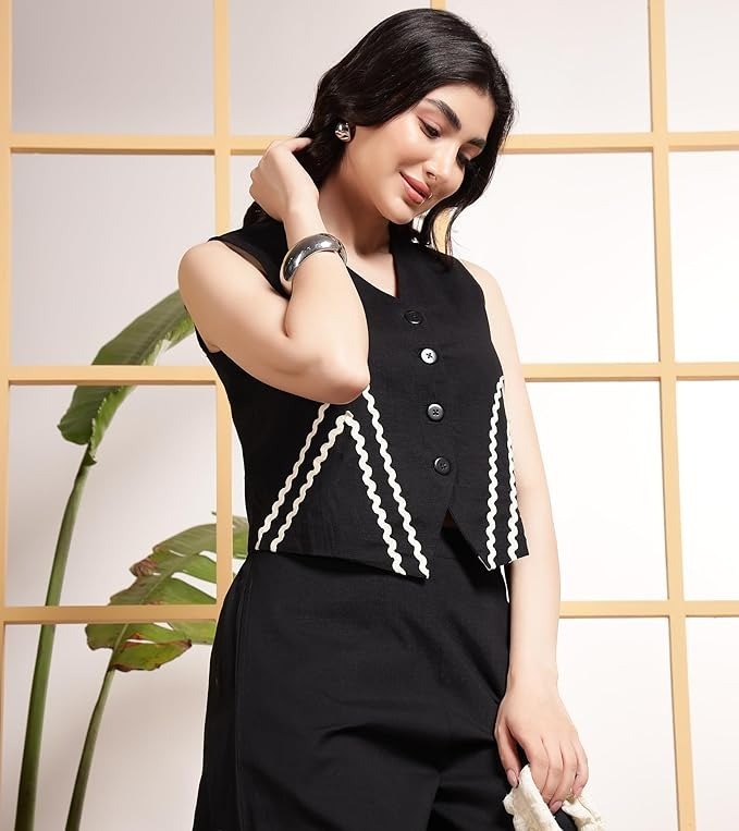 Black Indo Western Waist Coat With White Zigzag Lace Trousers Co-Ords Set