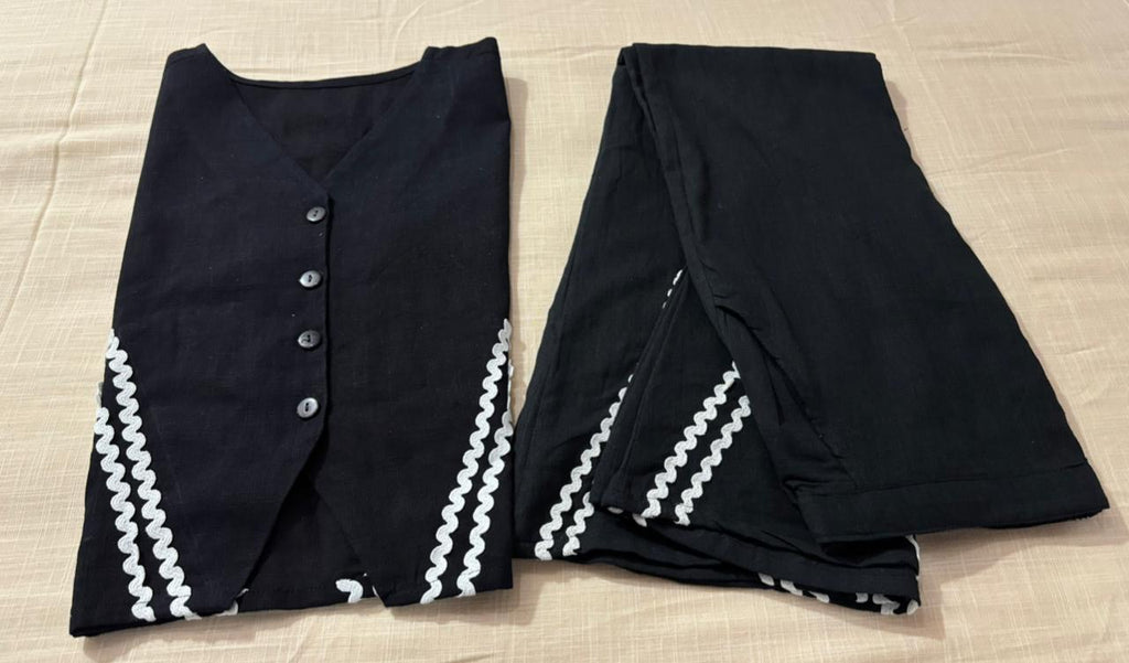 Black Indo Western Waist Coat With White Zigzag Lace Trousers Co-Ords Set